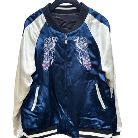 Zara Reversible Peacock Embroidered Satin Bomber Jacket Size Medium - Picture 2 of 13